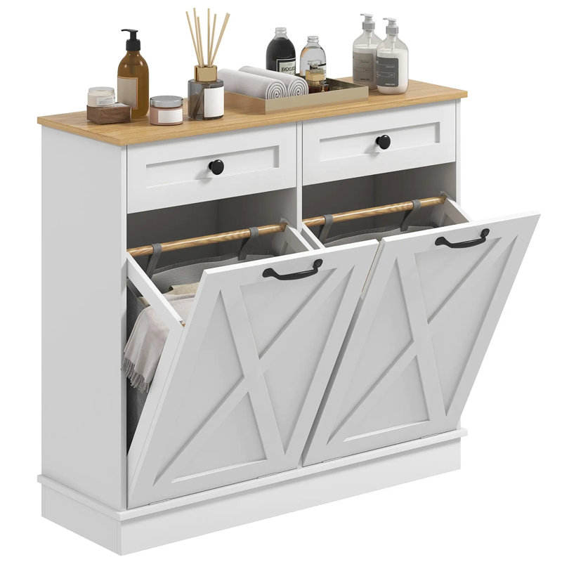 White MDF Double Tilt-Out Laundry Hamper Cabinet with Drawers