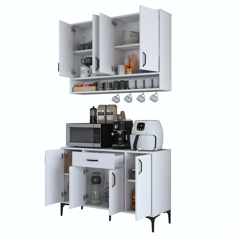 Armoire de cuisine moderne polyvalente avec tablette murale, support à café, garde-manger avec 4 crochets