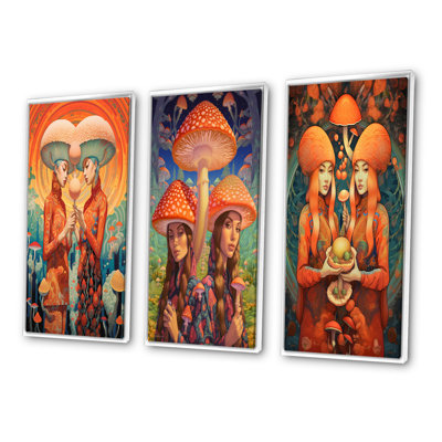 "Orange surréalisme, champignon", 3 pièces sur toile