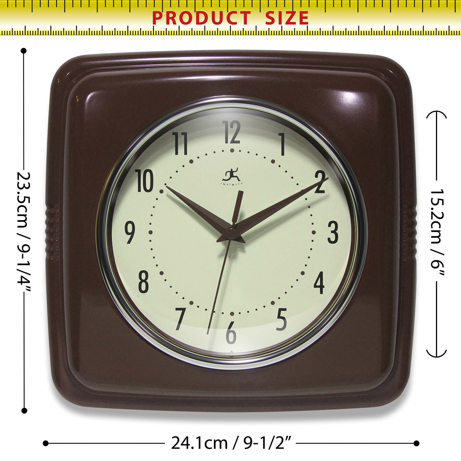 Orrwell Square Plastic Wall Clock 9.25 Inches, Mahogany