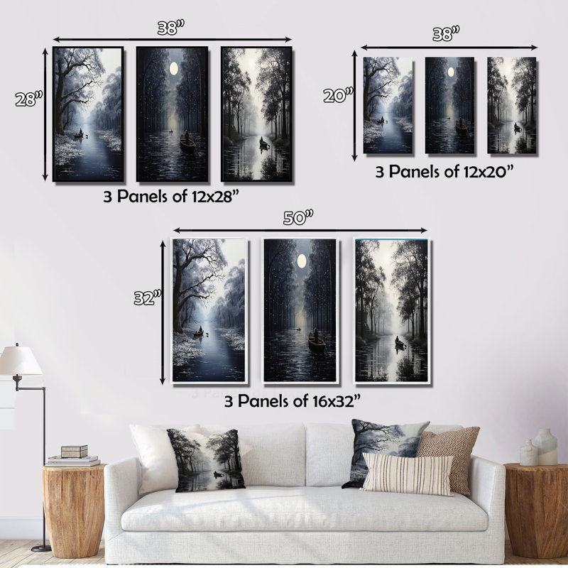 «Canal Quiet Passage Charcoal», 3 pièces, H 32 po x l 48 po, Toile tendue