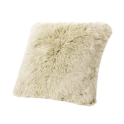 Astrid 20" Square Accent Throw Pillow Cover With Feather Insert, Taupe Beige Genuine Fur