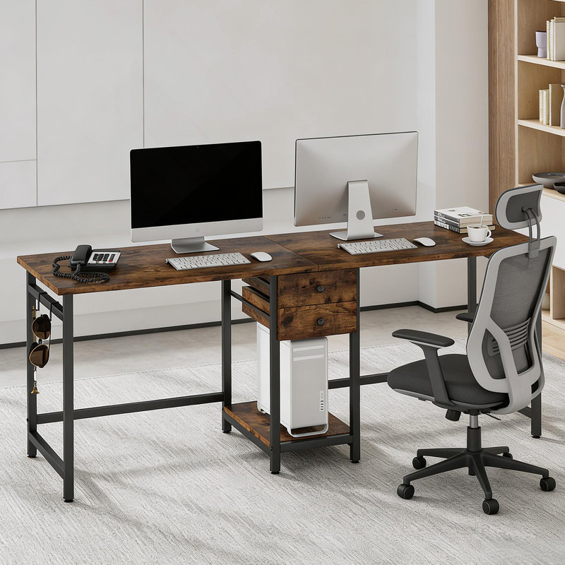Bureau double, bureau d'ordinateur, bureau à deux places, table de jeu, Brun rustique / noir