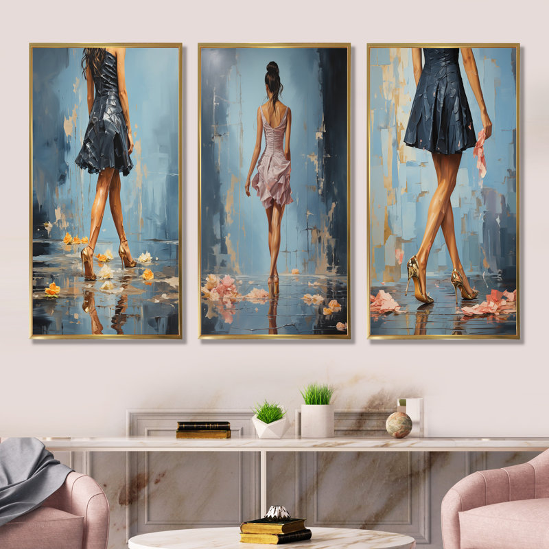 Glamour Gait, peinture de femme, talons I, Cadre flottant doré, H 40 po x l 60 po