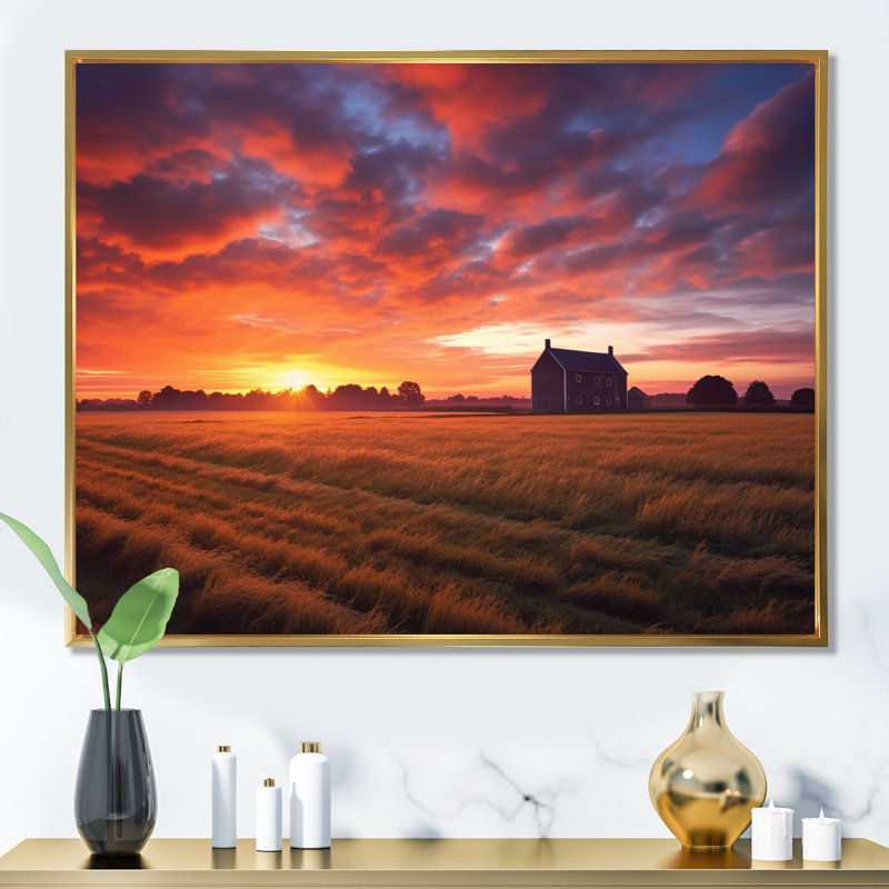 «Glorious Sunset Over Flanders Wheat Fields», reproduction sur toile, Cadre flottant doré, H 16 po x l 32 po x P 1 po