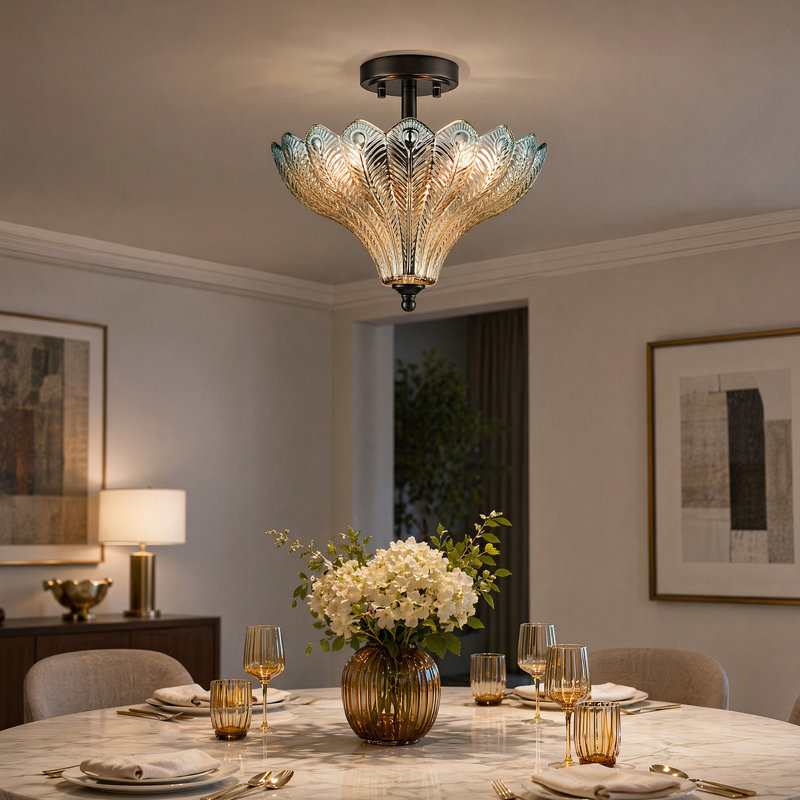 3-Light Black Ceiling Light with Blue & Amber Feather Glass Shade