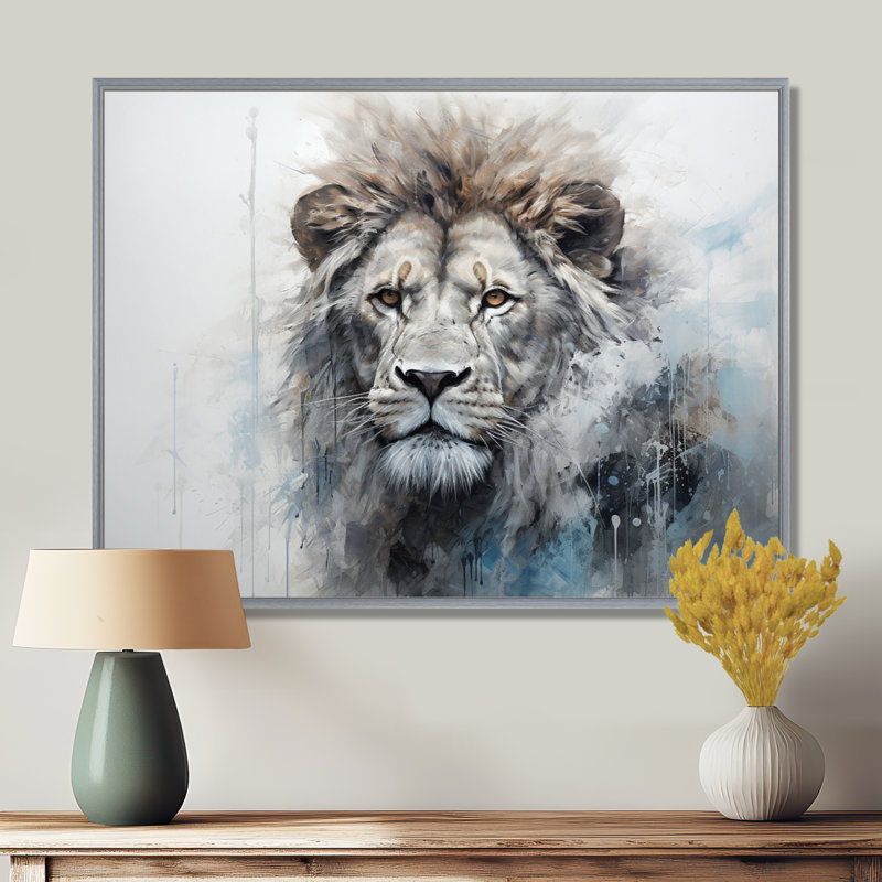 Gris et bleu, «Red Lion», art mural Lion, 34" H x 44" W, Encadrement argenté