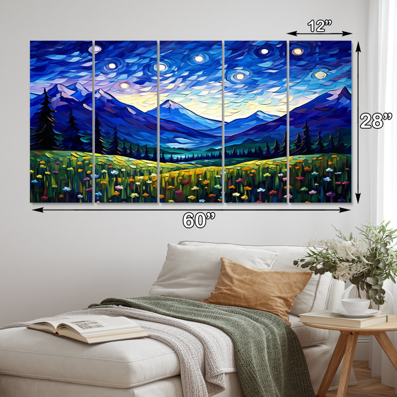 Vangogh - Nuit étoilée au-dessus des montagnes - Impression sur toile Vangogh - 5 panneaux égaux