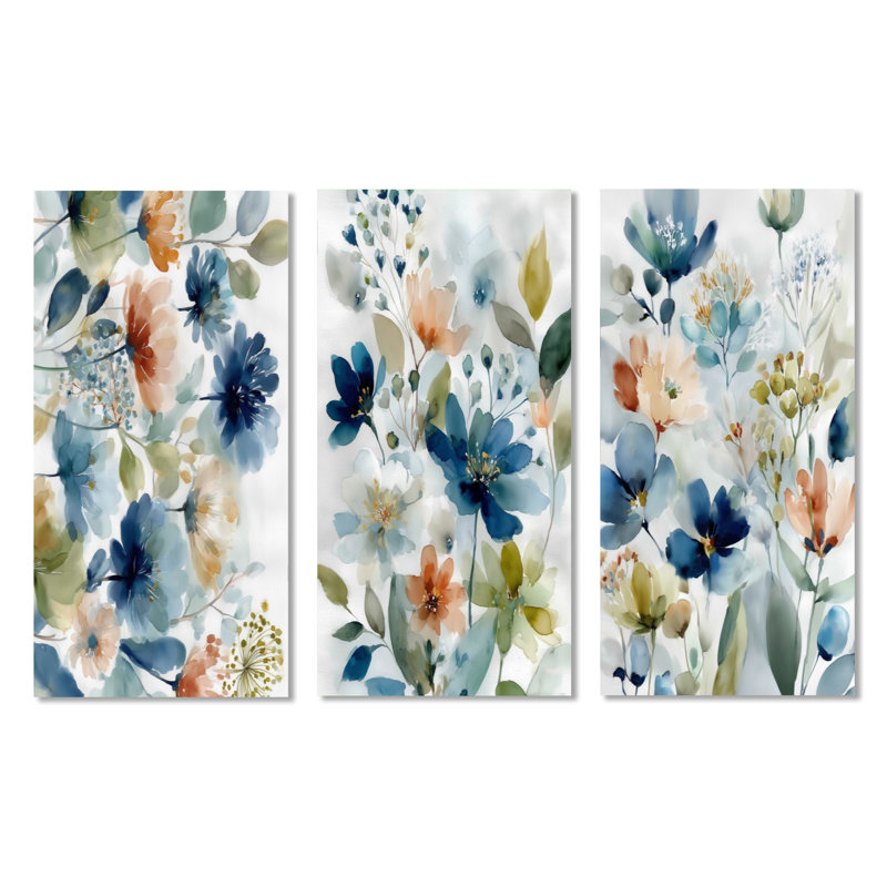 Aquarelle, bleu et orange, champs de fleurs sauvages en France - fleurs sauvages, art mural sur toile, ensemble de 3