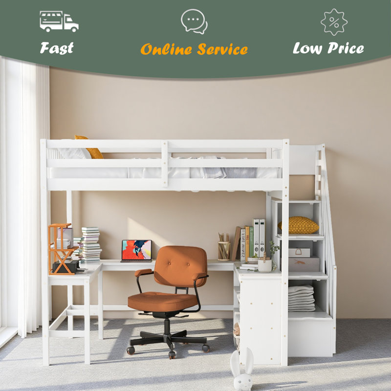 Lit mezzanine double avec bureau intégré en forme de L et tablettes de rangement à trois niveaux, et escalier de rangement attaché