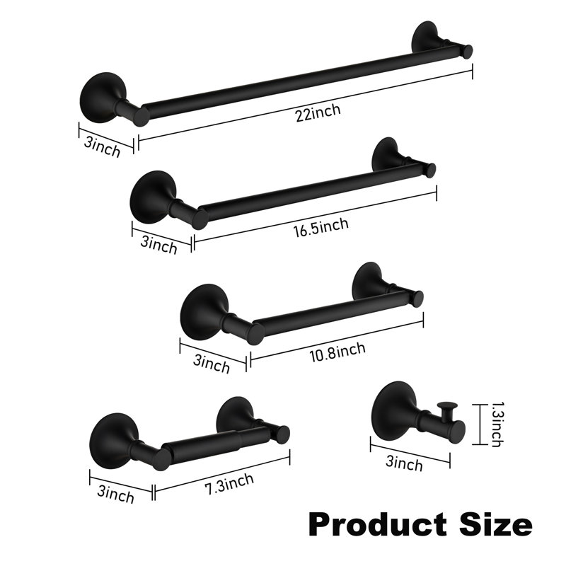 6 - Piece Bathroom Hardware Set, Matte Black, 3" H x 22" W x 3" D