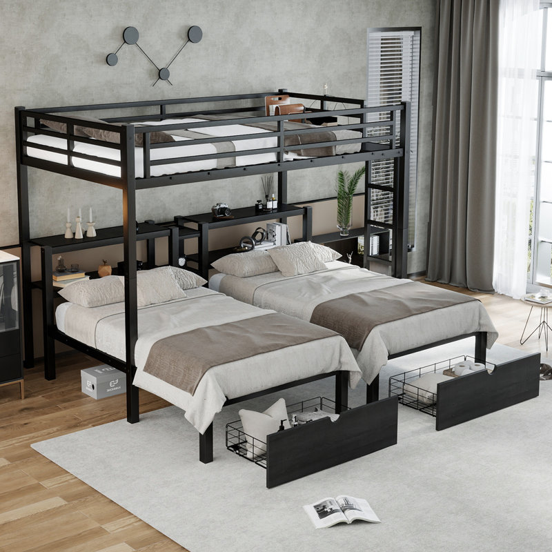 Metal Triple Bunk Bed Full XL Over Twin & Twin with Drawers, Shelves & USB, Heavy-Duty Space-Saving Frame