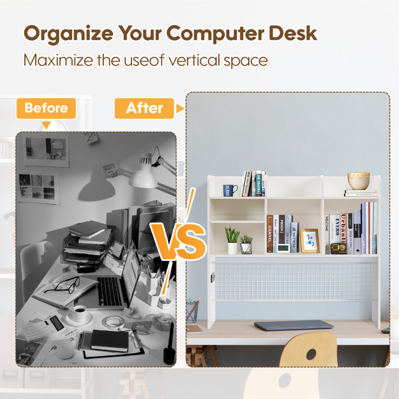 Furnier Desktop Bookshelf With 7-compartment Organizer & Grid Panel, White
