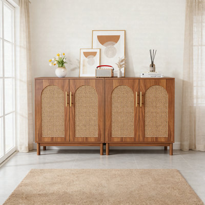 Sideboard Buffet Cabinet Set Of 2, Accent Rattan Storage Cabinet With Doors