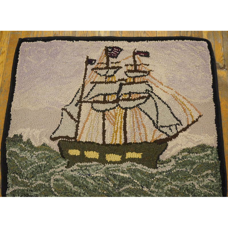 Antique Maritime Nautical Sail Boat Pattern American Folk Art Hooked Rug