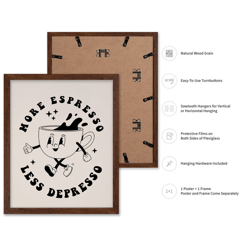 Plus d'espresso, moins de café espresso, Poster, 11"H x 14"W, Brown Framed