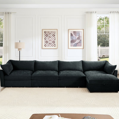 L-Shaped 4 Seater Sectional Couch With 1 Movable , Crescent-Shaped , Wraparound Back Armrest Cushions, And Pull-Out Storage Drawers, Chenille Gray, Ideal For Modern Home Decoration 4 Configuration,
