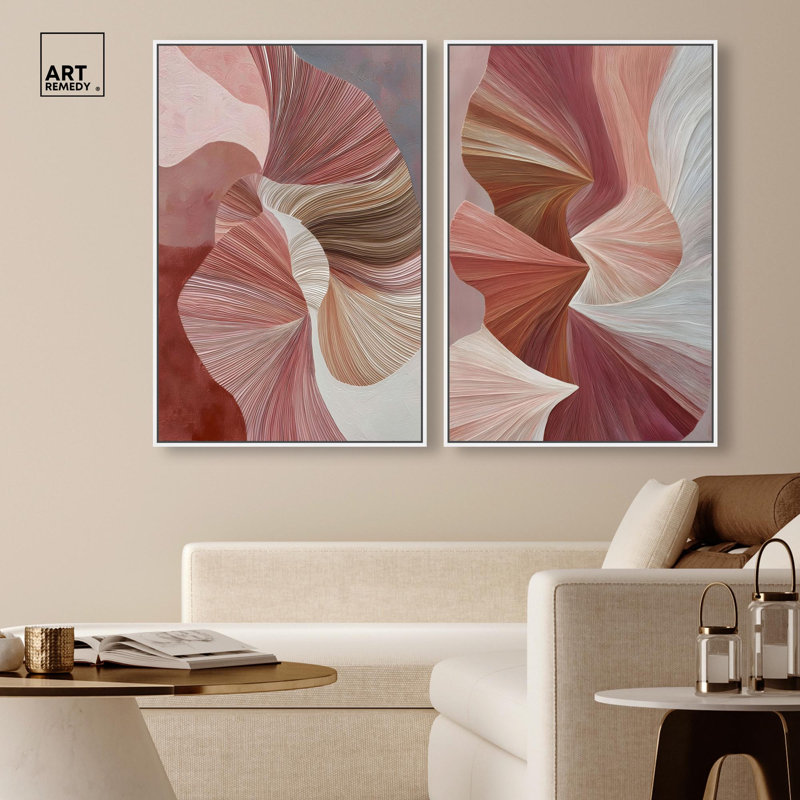 Blush ribbons set Canvas Print Abstract Boho Art Set by Art Remedy, Silver Frame, 16 x 24, 31" H x 21" W, Structure noire