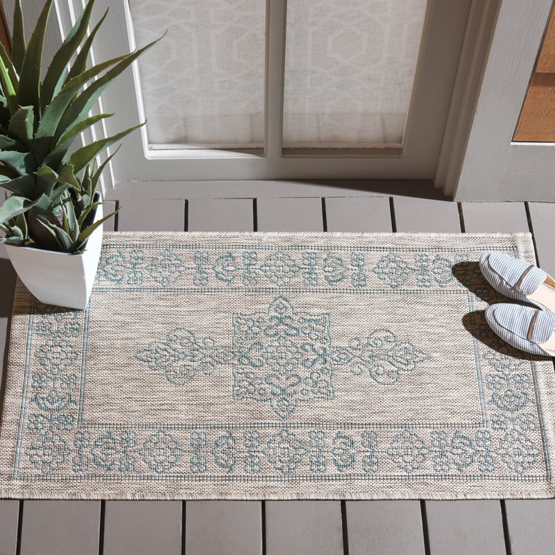 Arneshia Oriental Gray / Aqua Indoor/Outdoor Area Rug, Rectangle 2' x 3'7"