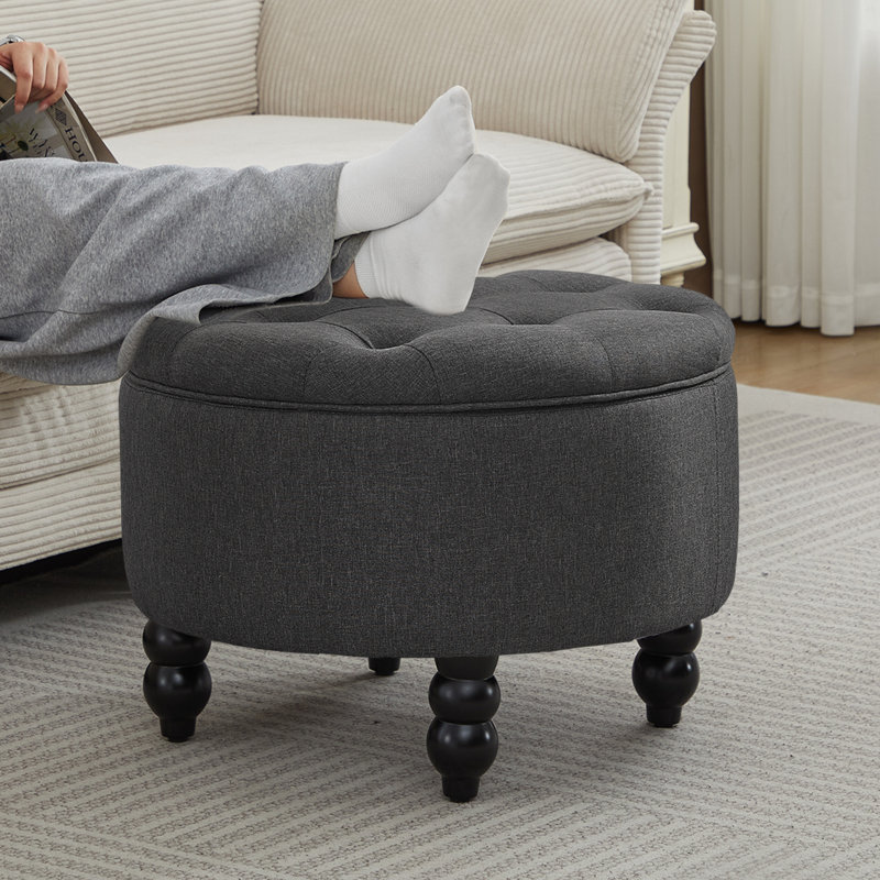 24'' Wide Upholstered Round Storage Ottoman, Dark Gary Linen