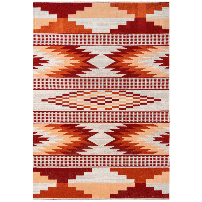 Orange Red Aztec Power Loom Area Rug, Rectangle 120 x 170cm