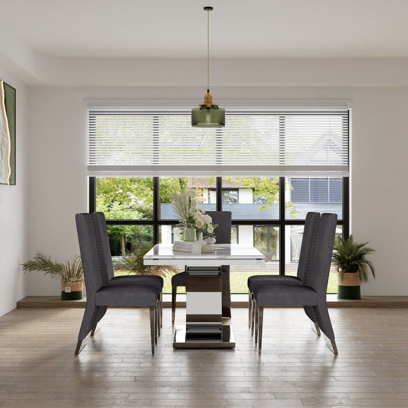 Table de salle à manger de luxe en faux marbre de 64 pouces avec base en U en miroir blanc argenté, Argent argent