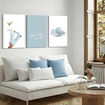 3Pcs Light Blue Cowgirl Boots Canvas Wall Art Preppy Martini Western Wall Decor Coastal Cowgirl Boots Poster Print Artwork For Bottoms Apartment Aesthetic Home Bar Dorm Home Decoration