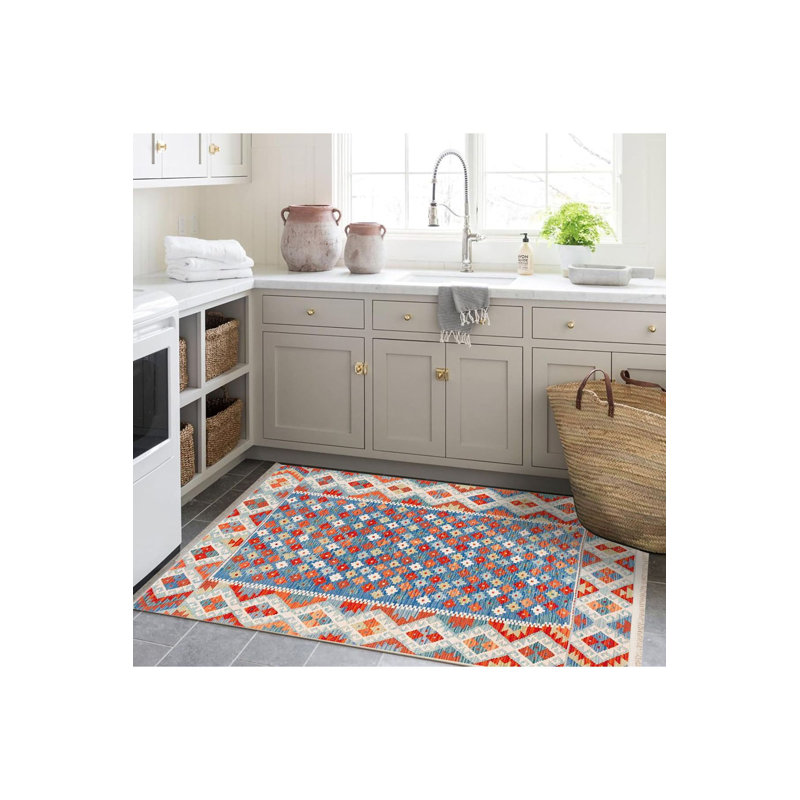 Tapis décoratif rétro bleu traditionnel lavable à la machine, Sous-tapis rectangulaire de 3 pi 3 po x 4 pi 11 po
