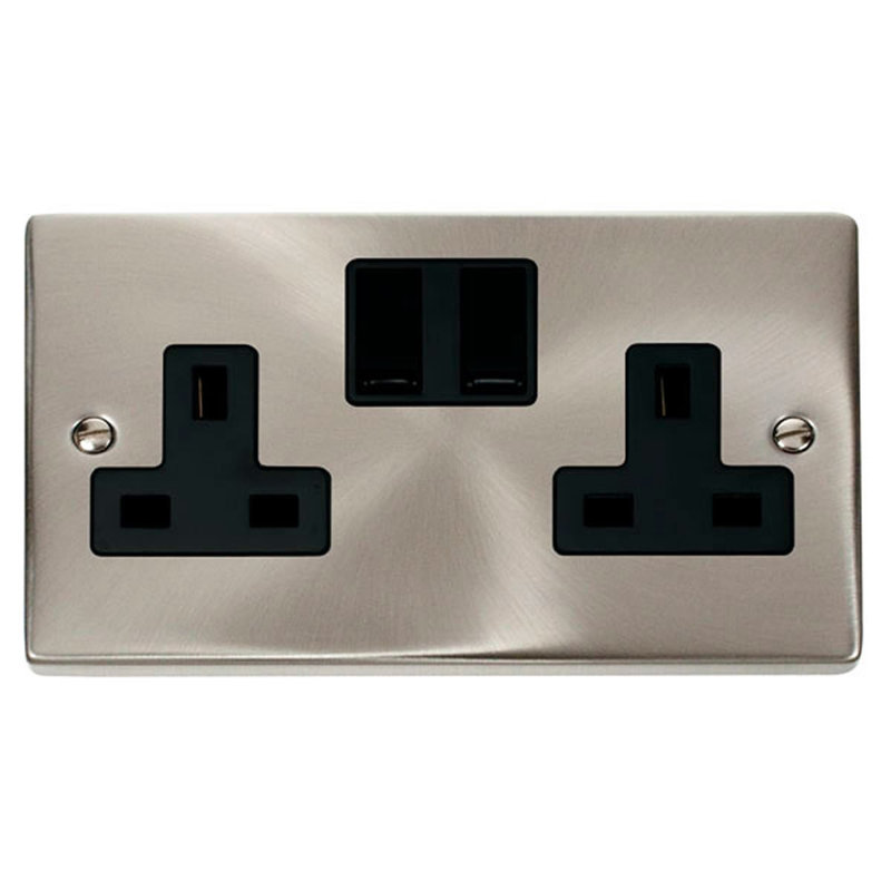 Satin / Brushed Chrome 2 Gang 13A Twin Double Switched Plug Socket