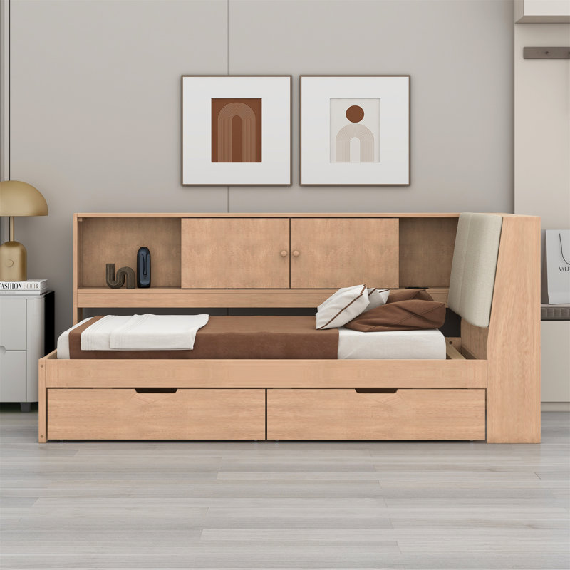 Wooden L-Shaped Daybed Corner Bed Under-Bed Drawers With Storage Bookcase And Upholstered Headboard And USB Charging Ports For Limited Space
