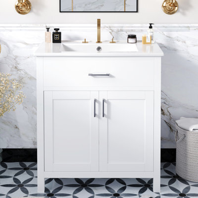 30-Inch Bathroom Vanity With Ceramic Washbasin And Generous Drawer Storage - Organize Your Essentials. Solid Wood Build. Modern White Design Sink. Plentiful Room For Small Bathrooms. White, Wood+. 2