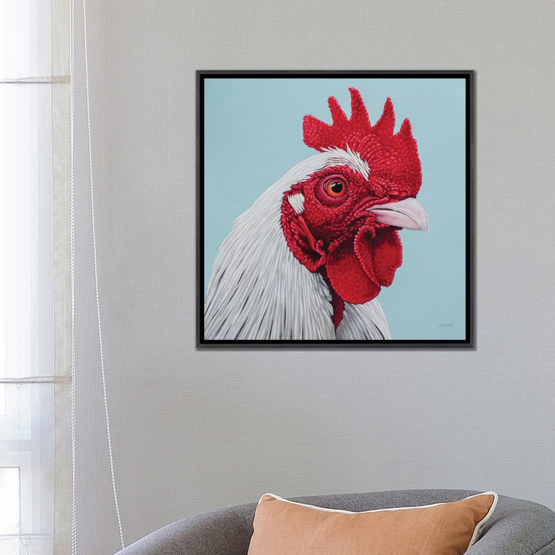 Coq par Clara Bastian - impression d'art graphique, Toile avec cadre noir patiné, Aucun mat, H 26 po x l 26 po x P 1,5 po