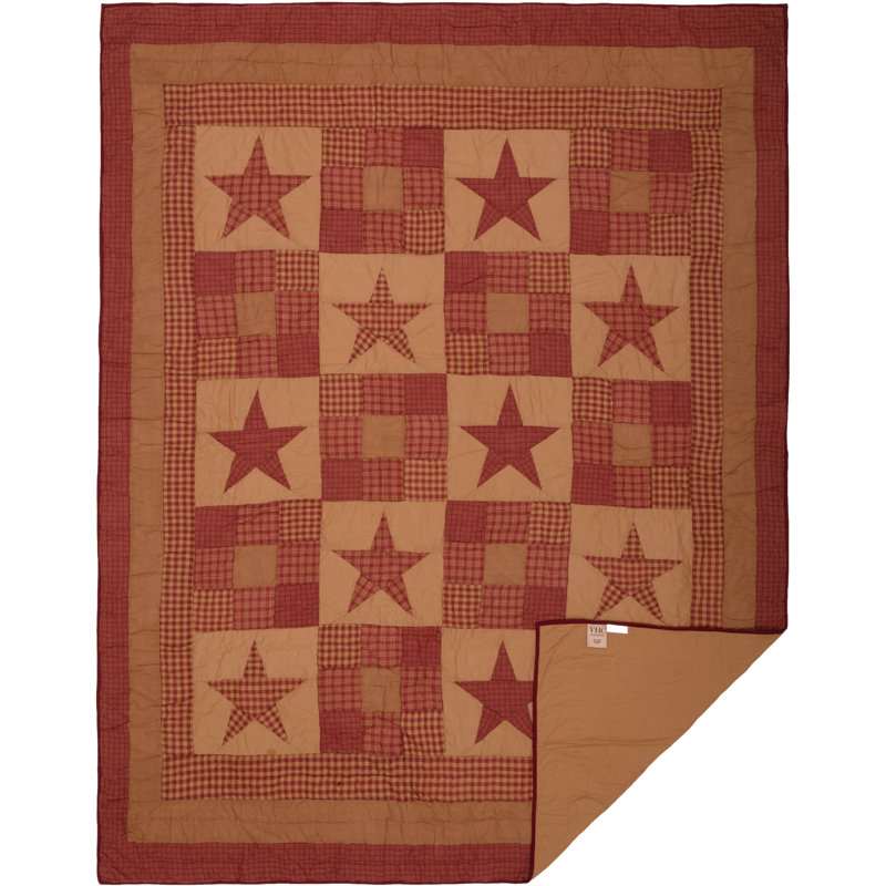 Ninepatch Star Twin Reversible Cotton Quilt in Burgundy and Tan