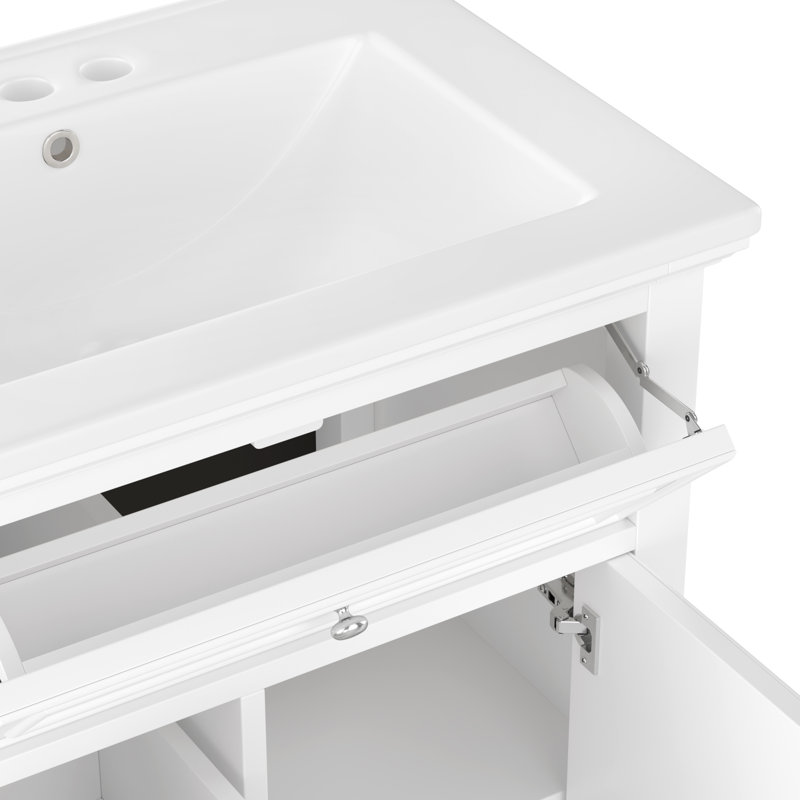 Meuble-lavabo moderne blanc avec lavabo, bois massif et bois aggloméré, rangement peu encombrant