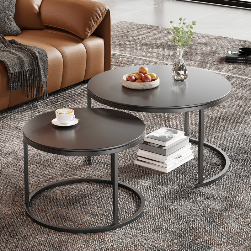 Sintered Stone Top Nesting Coffee Table Set, 18" H x 24" L x 24" W, Black