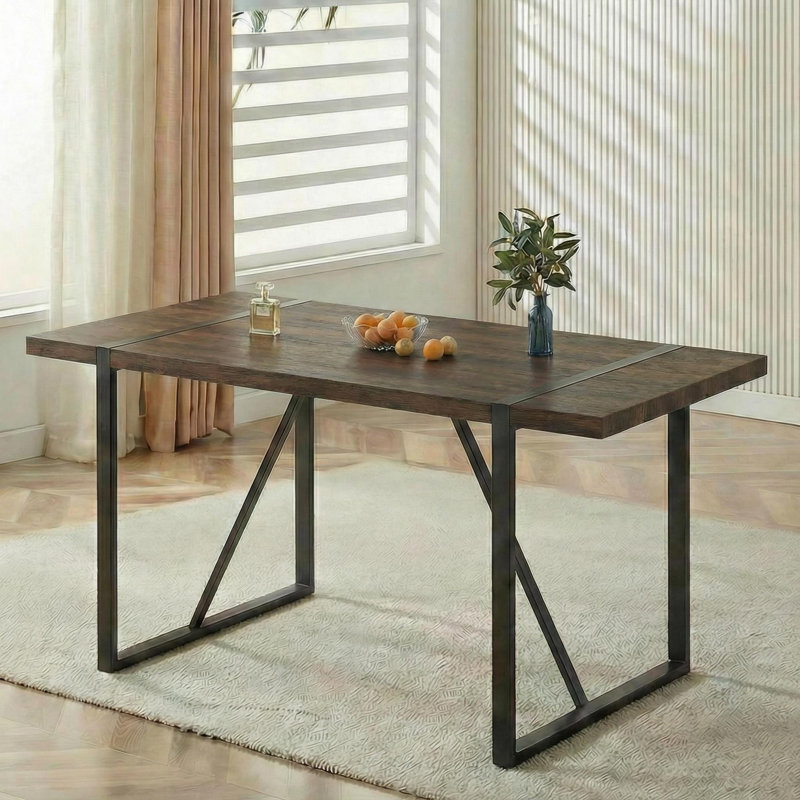 55 Inch Modern Industrial Rectangular Dining Table With Black Metal Legs, Dark Walnut