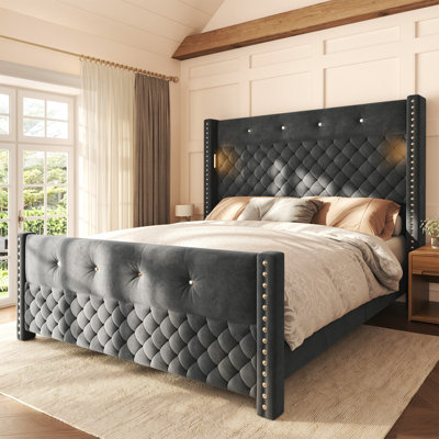 Bed Frame with 56.7" Tall Headboard & Reading Lights, Corduroy Upholstered Wingback Platform Bed with Charging Station, Modern Retro Design, Noise Free, No Box Spring Required
