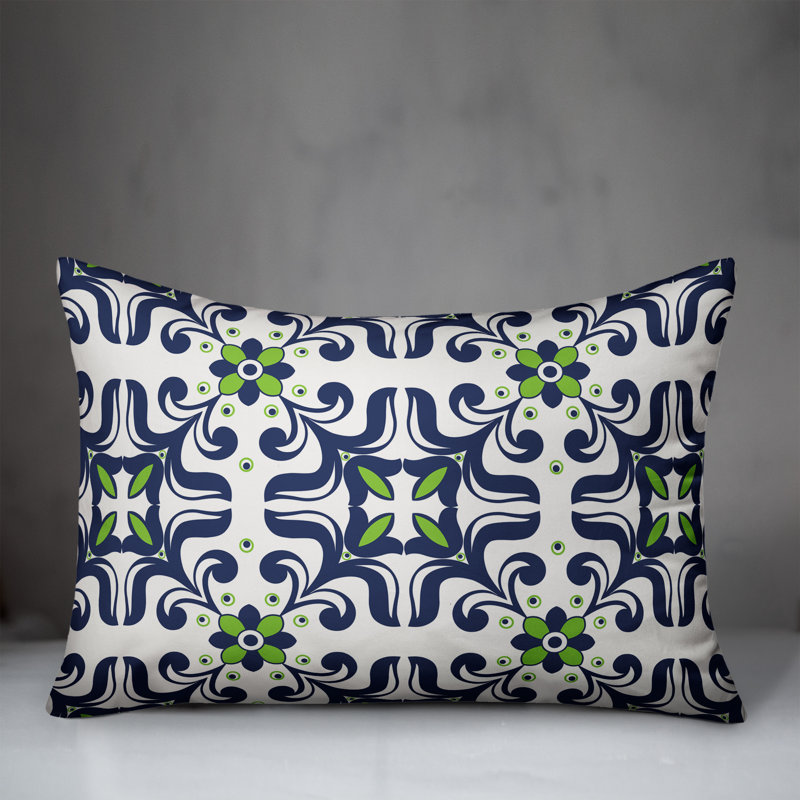 Tile Rectangular Outdoor Pillow Cover, No Fill, Off White/Navy/Green