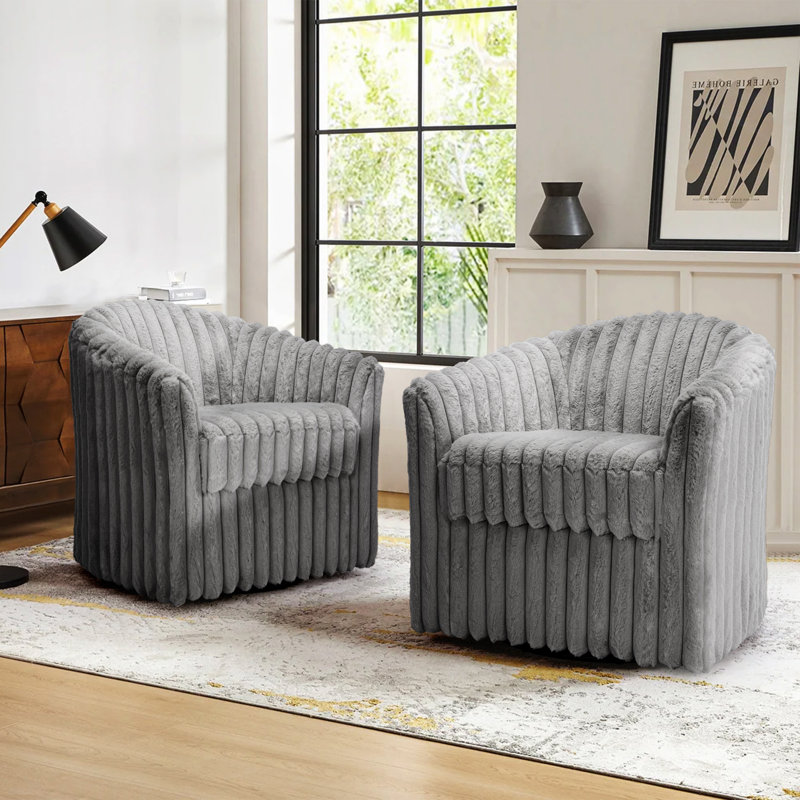 Aunna 78.2Cm Wide Swivel Barrel Chair, Grey Faux Fur