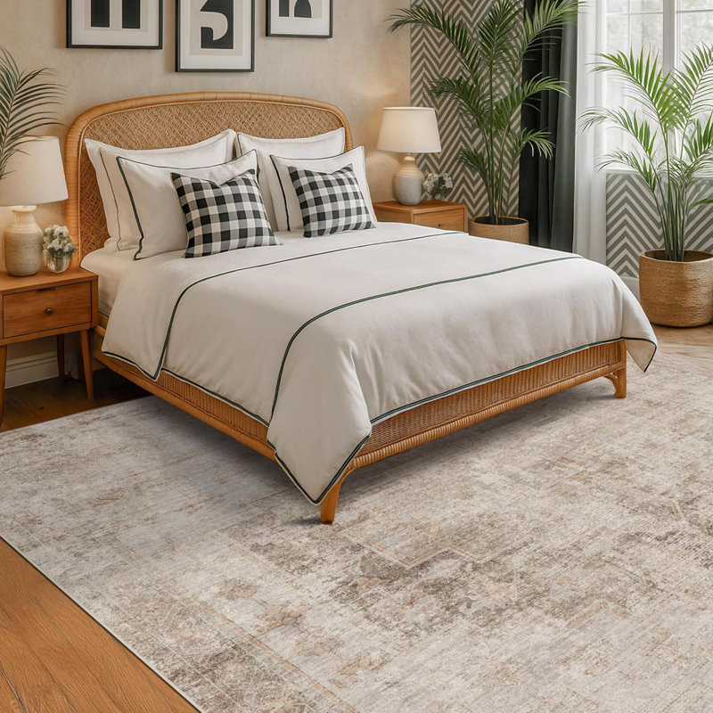 Neutral Farmhouse Area Rug For Bedroom -  Washable Rug For Dining Room Table, Ultra-Thin Soft Textured Boho Indoor Decor, Fade & Stain Resistant