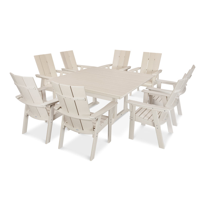 POLYWOOD Modern Curveback Adirondack 9-Piece Farmhouse Trestle Dining Set, Sand, 9 Pieces: Table, 8 Chairs