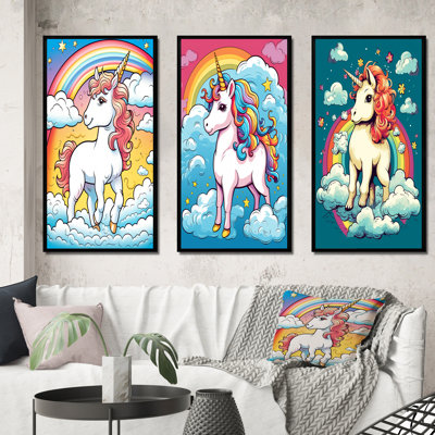 " Cute Unicorn And Rainbow I " 3 - Pieces