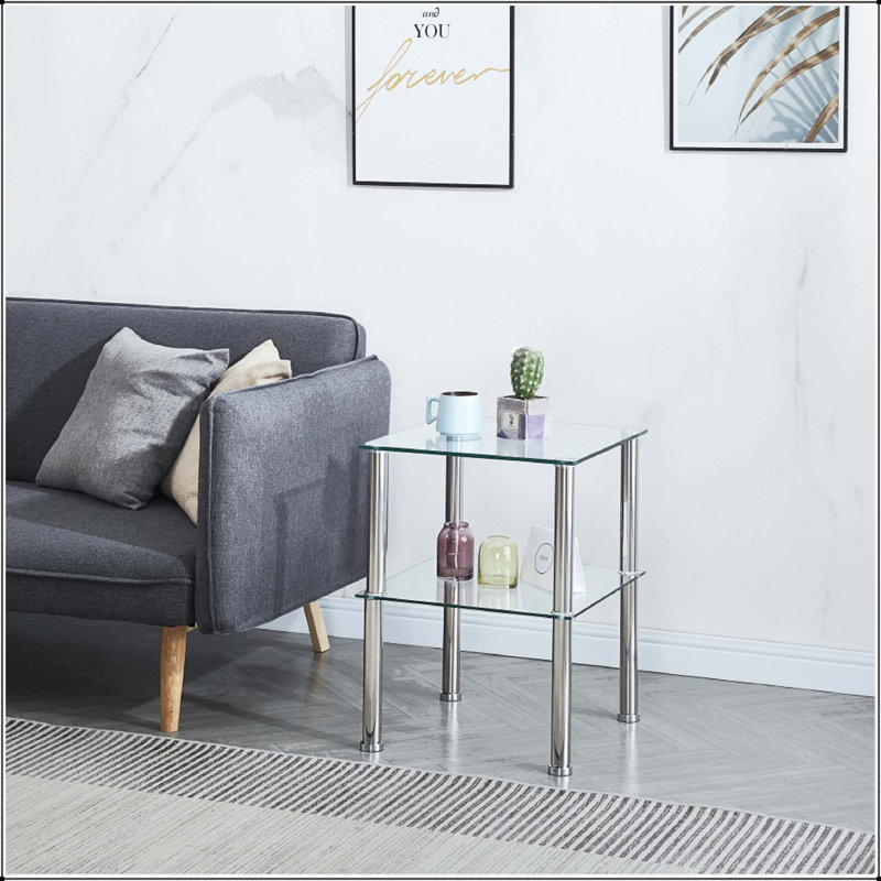 2-Piece Clear Glass Side Table with 2-Tier Storage