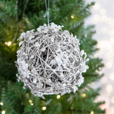D4.5 Iced Leaf And Twig Ball, Set Of 4, Glittered Christmas Tree Ornaments For Festive Holiday Decorations