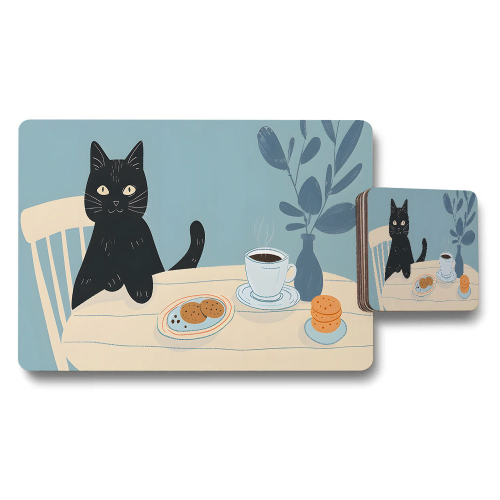 Cat Themed Placemat And Coaster Set With Coffee Cup And Cookies