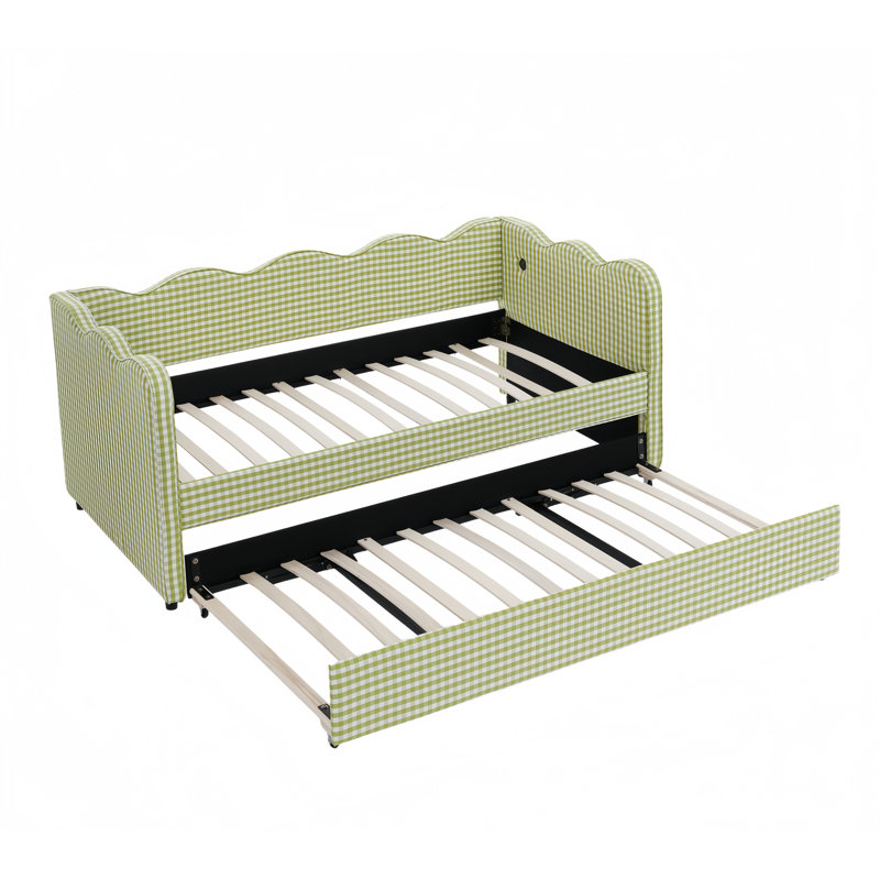 Lit de jour simple adorable en forme de vague en tissu de lin Vichy douillet ， avec port USB gigogne ， Aucun sommier nécessaire