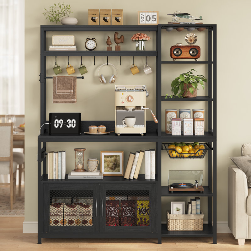 47.2” Baker's Rack With Coffee Pod Holder, Kitchen Coffee Bar With Power Outlet And Led Light, Microwave Stand With Storage Shelves, Metal Cabinet, Wire Basket, 8 Hooks
