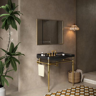 Lavabo de console de salle de bain 36 po, meuble-lavabo en céramique noir avec 3 trous de robinet, barre à serviettes autoportante en acier inoxydable avec pieds et support, aspect attrayant
