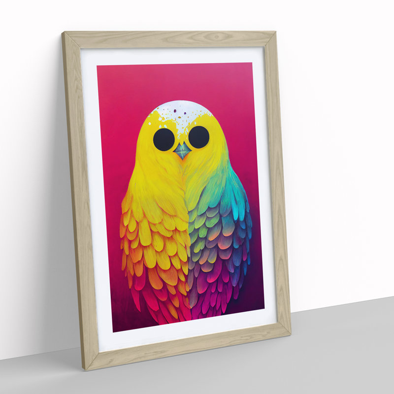 Colourful Bird No.1 Abstract - Wall Art, 66cm H x 48cm W x 2cm D, Oak Framed, White