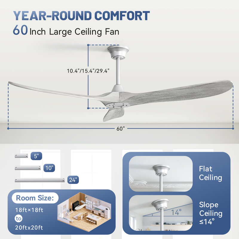 Kemp 60" 3-Solid Wood Blade Indoor/Outdoor Large Ceiling Fan With Remote,no light, Silver with Gray Blades